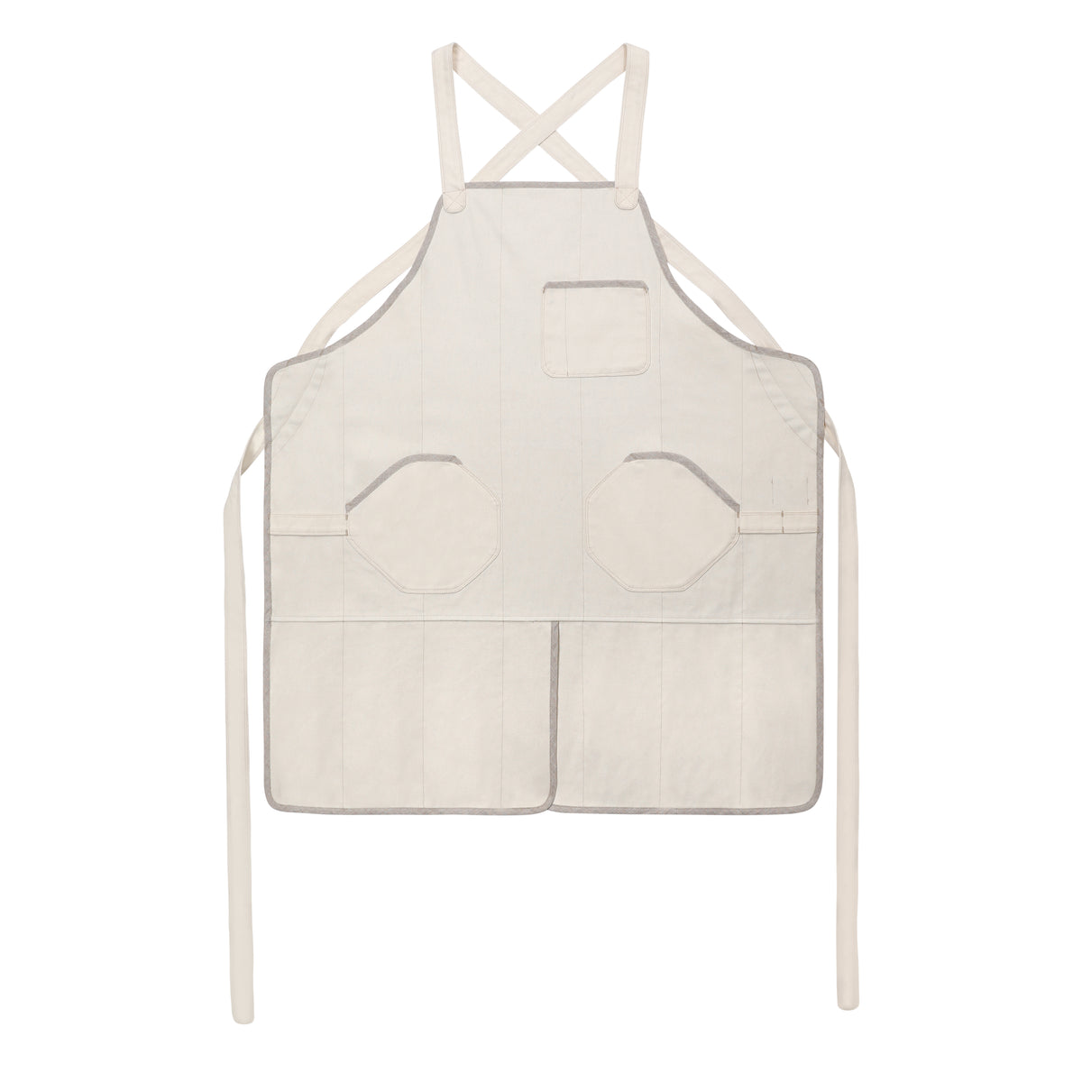 Handmade, quilted cotton canvas chef's apron with pure flax linen trim and back panels, featuring octagonal pockets, heavy duty cotton canvas straps, on a white background.