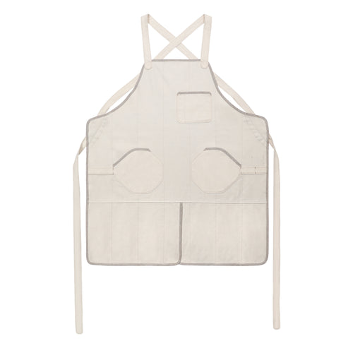 Handmade, quilted cotton canvas chef's apron with pure flax linen trim and back panels, featuring octagonal pockets, heavy duty cotton canvas straps, on a white background.